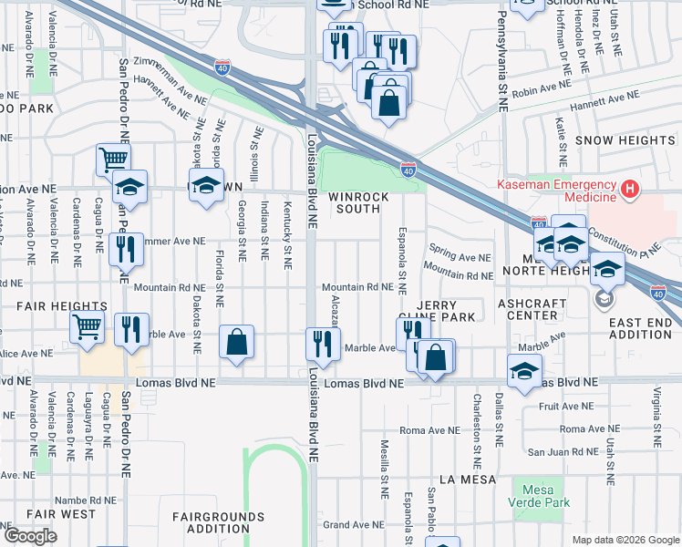 map of restaurants, bars, coffee shops, grocery stores, and more near 7201 Mountain Road Northeast in Albuquerque