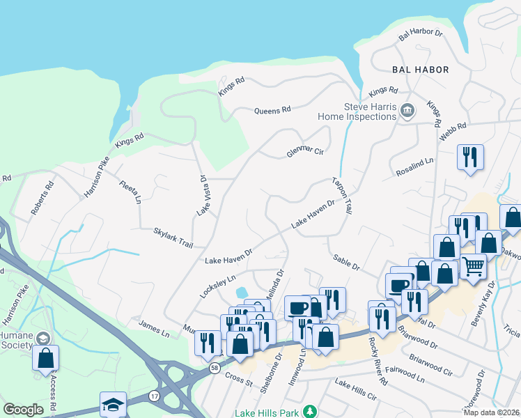 map of restaurants, bars, coffee shops, grocery stores, and more near 4208 Lake Haven Lane in Chattanooga