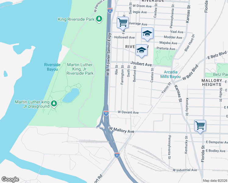 map of restaurants, bars, coffee shops, grocery stores, and more near 2076 Rile Street in Memphis