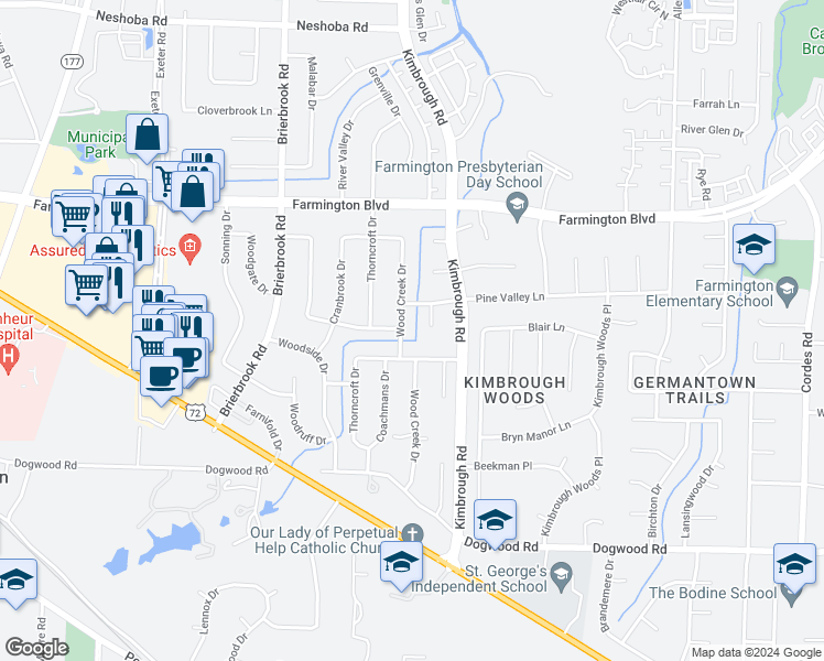 map of restaurants, bars, coffee shops, grocery stores, and more near 2110 Wood Creek Drive in Germantown