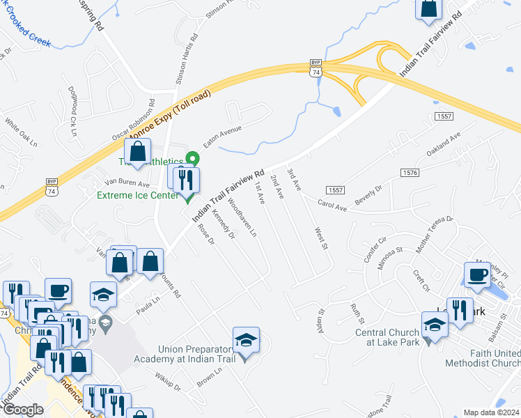 map of restaurants, bars, coffee shops, grocery stores, and more near 6727 1st Avenue in Indian Trail