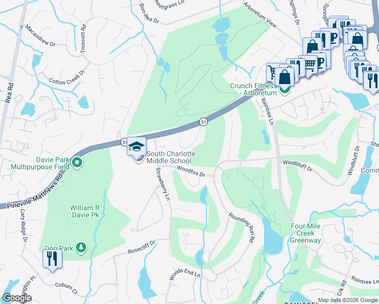 map of restaurants, bars, coffee shops, grocery stores, and more near 8001 Serendipity Lane in Charlotte