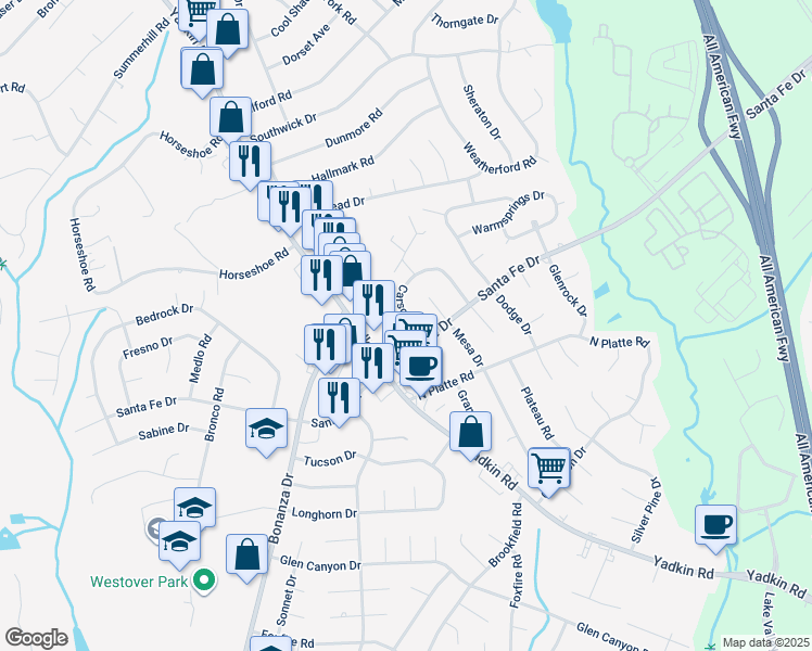 map of restaurants, bars, coffee shops, grocery stores, and more near 5605 Carson Drive in Fayetteville