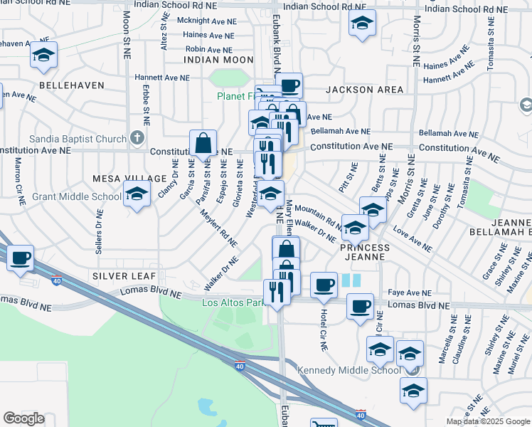 map of restaurants, bars, coffee shops, grocery stores, and more near 1107 Eubank Boulevard Northeast in Albuquerque