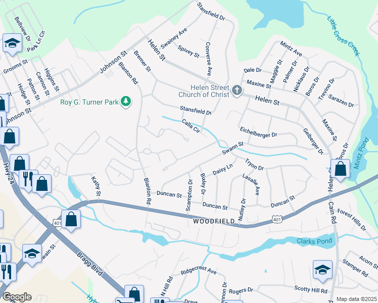 map of restaurants, bars, coffee shops, grocery stores, and more near 1808 Tryon Drive in Fayetteville