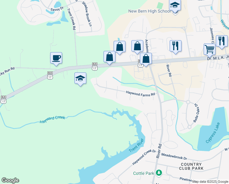 map of restaurants, bars, coffee shops, grocery stores, and more near 4601 Haywood Farms Road in New Bern