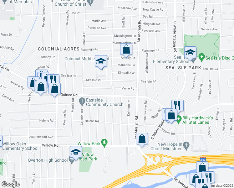 map of restaurants, bars, coffee shops, grocery stores, and more near 4900 Quince Road in Memphis