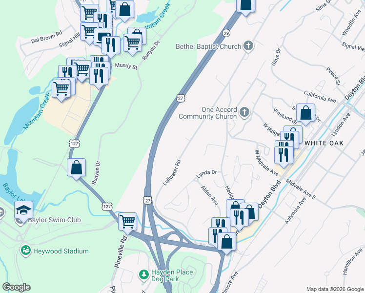 map of restaurants, bars, coffee shops, grocery stores, and more near 433 Lullwater Road in Chattanooga