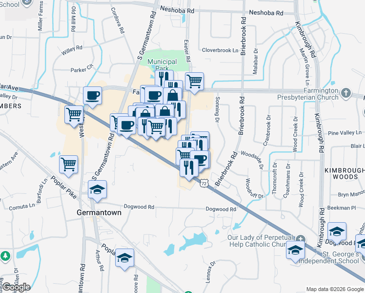 map of restaurants, bars, coffee shops, grocery stores, and more near 2115 Exeter Road in Germantown
