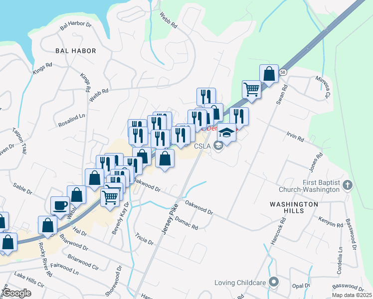map of restaurants, bars, coffee shops, grocery stores, and more near 4850 Highway 58 in Chattanooga