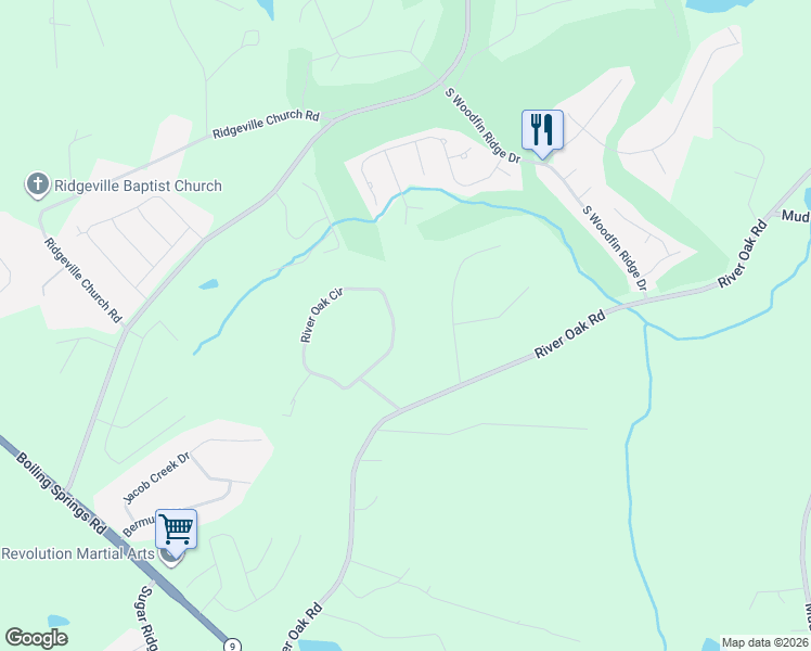 map of restaurants, bars, coffee shops, grocery stores, and more near 631 River Oak Circle in Inman