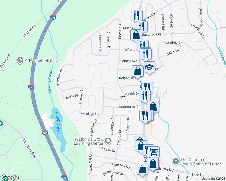 map of restaurants, bars, coffee shops, grocery stores, and more near 7521 East Netherland Drive in Fayetteville