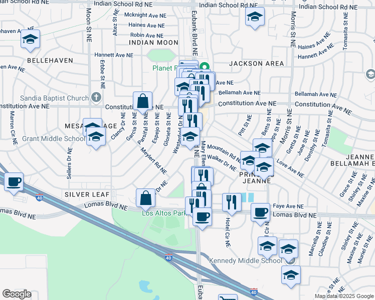 map of restaurants, bars, coffee shops, grocery stores, and more near 1107 Eubank Boulevard Northeast in Albuquerque