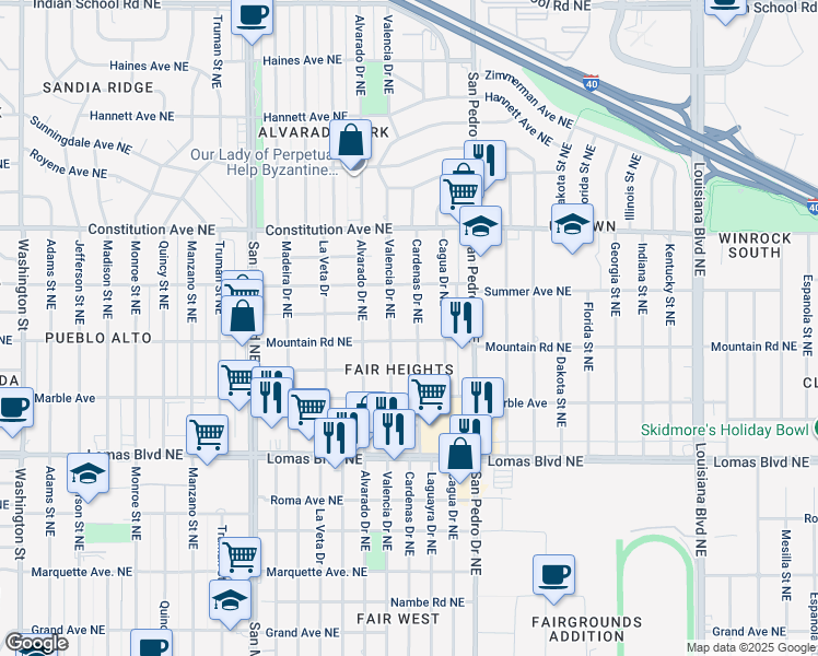 map of restaurants, bars, coffee shops, grocery stores, and more near 1308 Cardenas Drive Northeast in Albuquerque