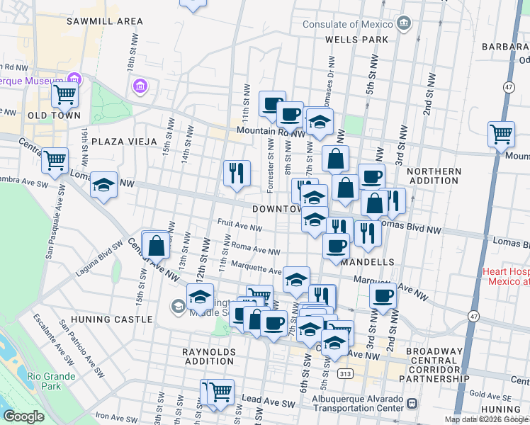 map of restaurants, bars, coffee shops, grocery stores, and more near in Albuquerque