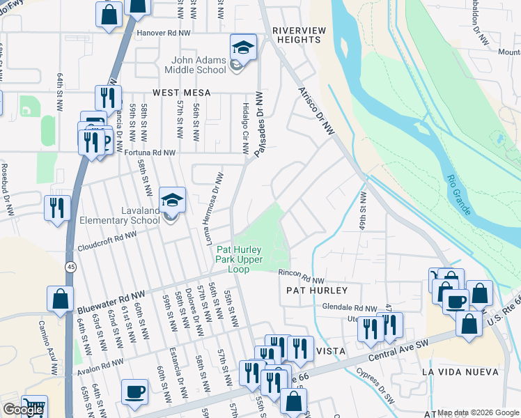 map of restaurants, bars, coffee shops, grocery stores, and more near 5231 La Bajada Road Northwest in Albuquerque