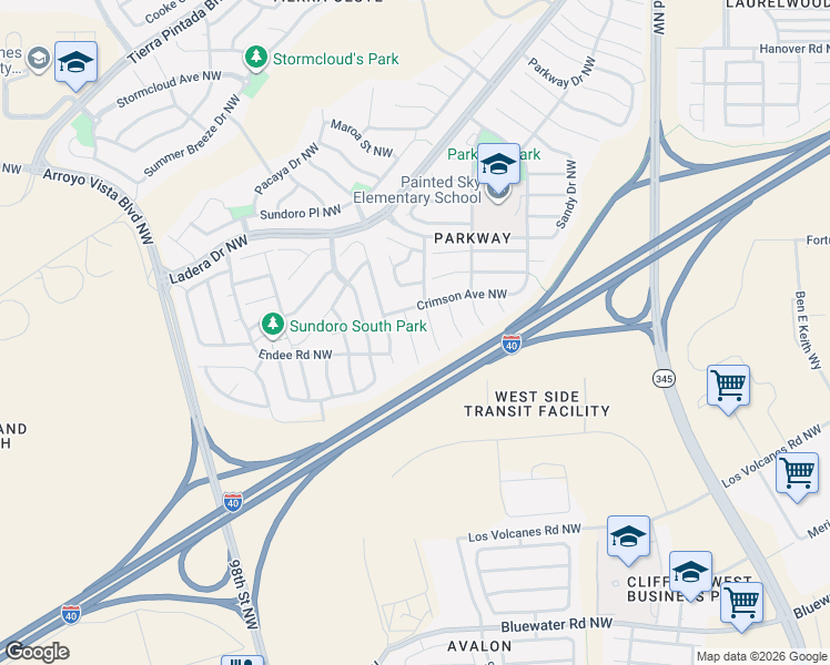 map of restaurants, bars, coffee shops, grocery stores, and more near 609 Painted Sky Place Northwest in Albuquerque