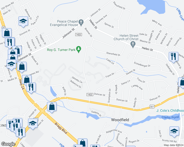 map of restaurants, bars, coffee shops, grocery stores, and more near 1905 Tryon Drive in Fayetteville