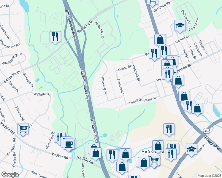 map of restaurants, bars, coffee shops, grocery stores, and more near 4912 Galveston Drive in Fayetteville