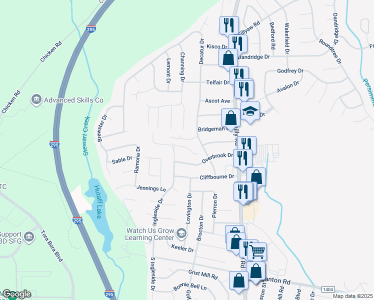 map of restaurants, bars, coffee shops, grocery stores, and more near 7542 Overbrook Drive in Fayetteville