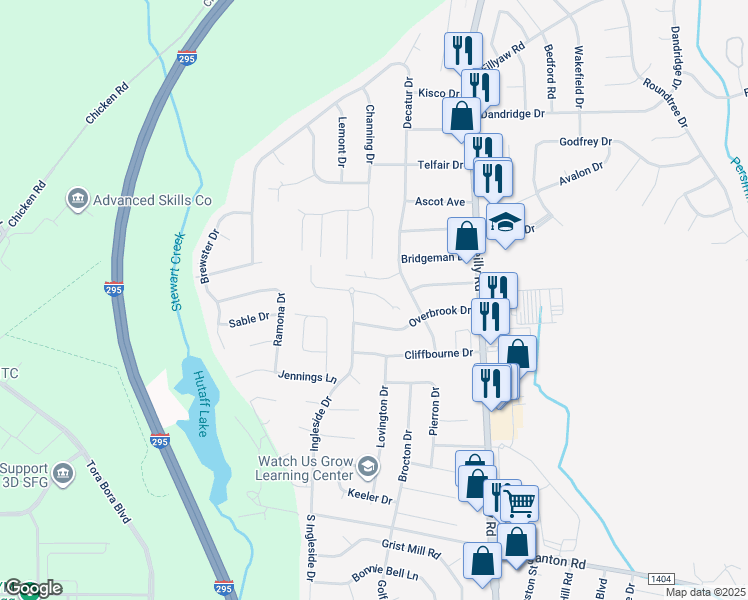 map of restaurants, bars, coffee shops, grocery stores, and more near 7542 Overbrook Drive in Fayetteville