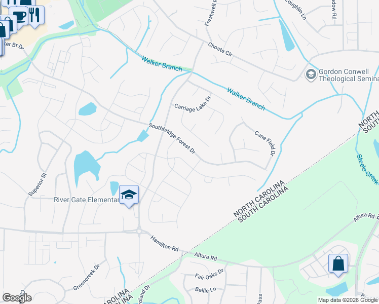 map of restaurants, bars, coffee shops, grocery stores, and more near 14150 Southbridge Forest Drive in Charlotte