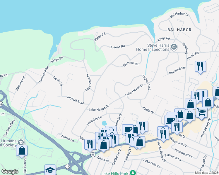 map of restaurants, bars, coffee shops, grocery stores, and more near 4208 Lake Haven Lane in Chattanooga