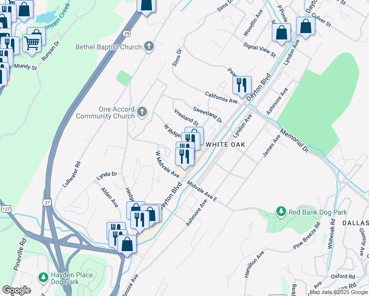 map of restaurants, bars, coffee shops, grocery stores, and more near 2051 Lionheart Lane in Chattanooga