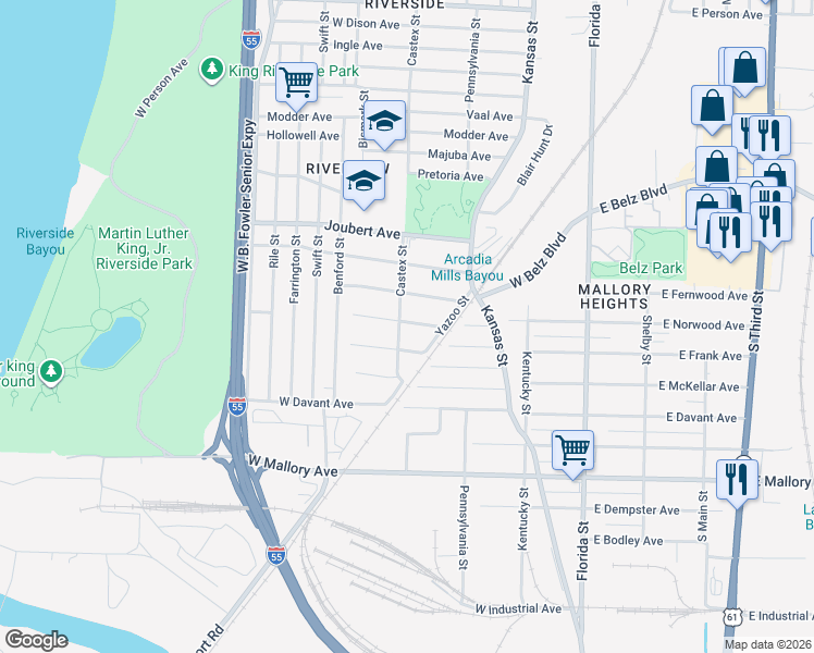 map of restaurants, bars, coffee shops, grocery stores, and more near 230 West Frank Avenue in Memphis