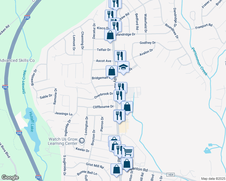 map of restaurants, bars, coffee shops, grocery stores, and more near 367 North Reilly Road in Fayetteville