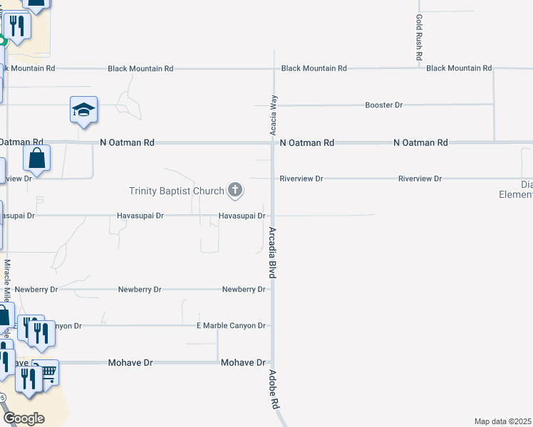 map of restaurants, bars, coffee shops, grocery stores, and more near 2069 Havasupai Drive in Bullhead City