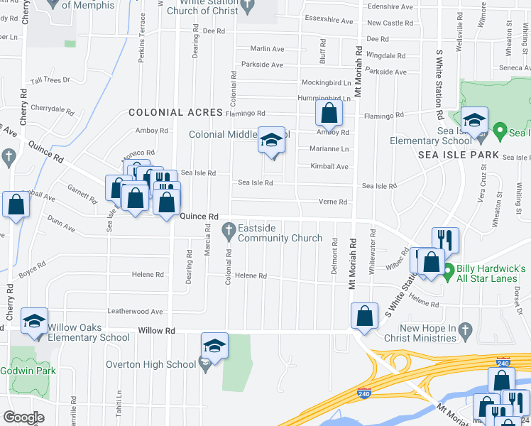 map of restaurants, bars, coffee shops, grocery stores, and more near 4820 Quince Road in Memphis