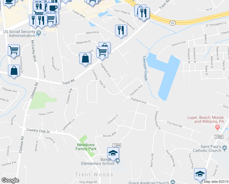 map of restaurants, bars, coffee shops, grocery stores, and more near 1102 Park Drive in New Bern