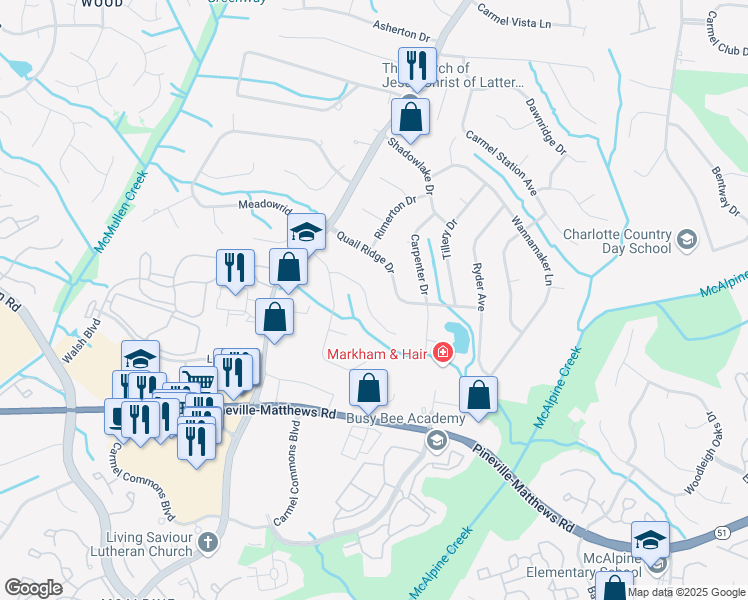 map of restaurants, bars, coffee shops, grocery stores, and more near 7300 Connan Lane in Charlotte