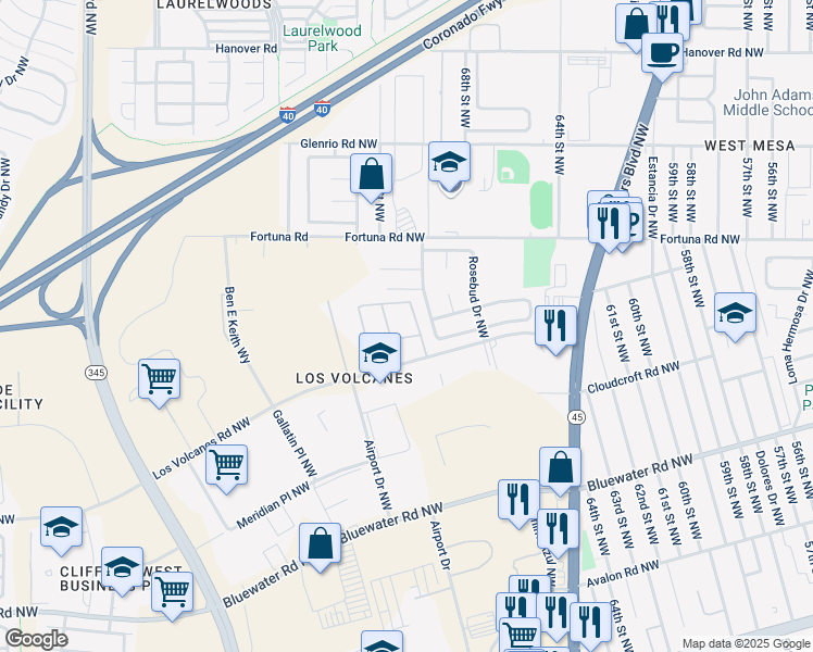 map of restaurants, bars, coffee shops, grocery stores, and more near 6801 Los Volcanes Road Northwest in Albuquerque