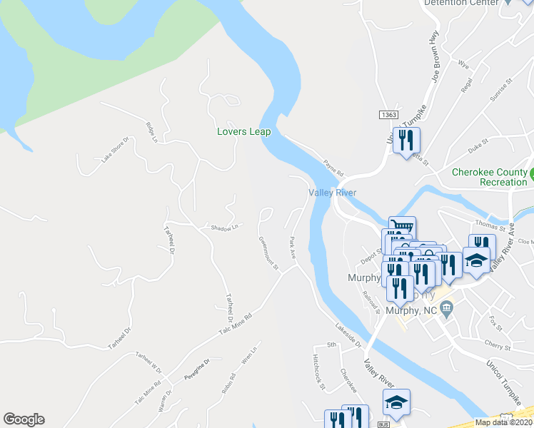 map of restaurants, bars, coffee shops, grocery stores, and more near 322 Gwenmont Circle in Murphy