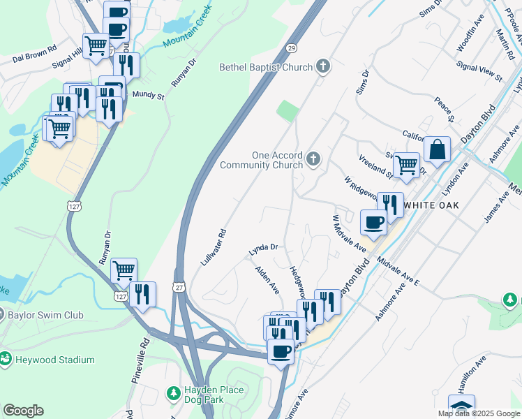 map of restaurants, bars, coffee shops, grocery stores, and more near 114 Miller Avenue in Chattanooga