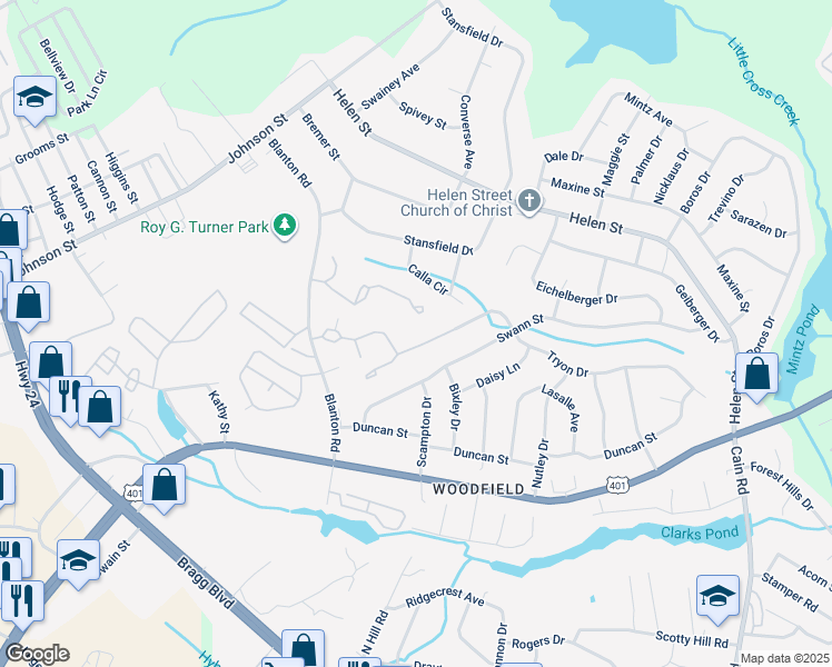 map of restaurants, bars, coffee shops, grocery stores, and more near 1812 Tryon Drive in Fayetteville