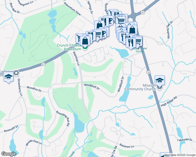 map of restaurants, bars, coffee shops, grocery stores, and more near 3720 Windbluff Drive in Charlotte