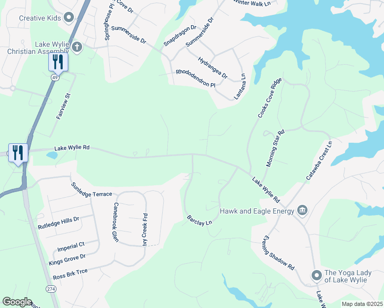 map of restaurants, bars, coffee shops, grocery stores, and more near 6067 Lake Wylie Road in Clover