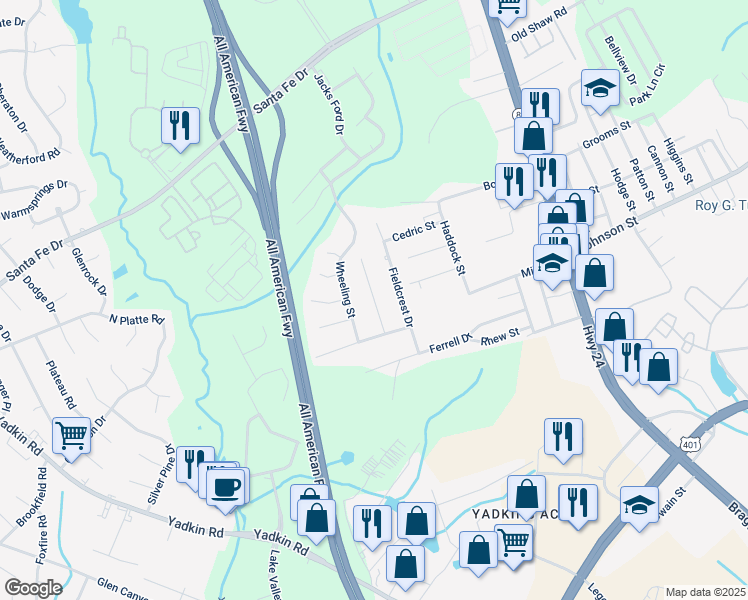 map of restaurants, bars, coffee shops, grocery stores, and more near 4912 Galveston Drive in Fayetteville