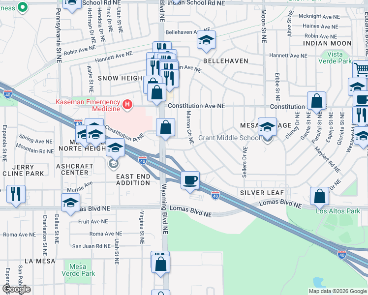 map of restaurants, bars, coffee shops, grocery stores, and more near 99999 Jaffa Road Northeast in Albuquerque