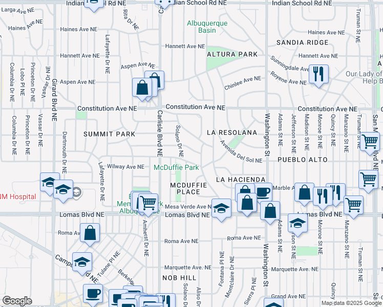 map of restaurants, bars, coffee shops, grocery stores, and more near 916 Solano Drive Northeast in Albuquerque