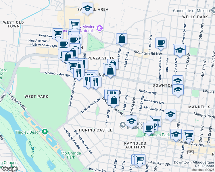 map of restaurants, bars, coffee shops, grocery stores, and more near 313 15th Street Southwest in Albuquerque