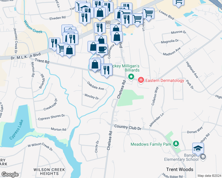 map of restaurants, bars, coffee shops, grocery stores, and more near 720 Oakdale Avenue in New Bern