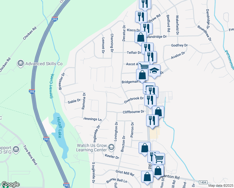 map of restaurants, bars, coffee shops, grocery stores, and more near 7542 Overbrook Drive in Fayetteville