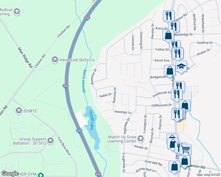 map of restaurants, bars, coffee shops, grocery stores, and more near 7608 Sable Drive in Fayetteville