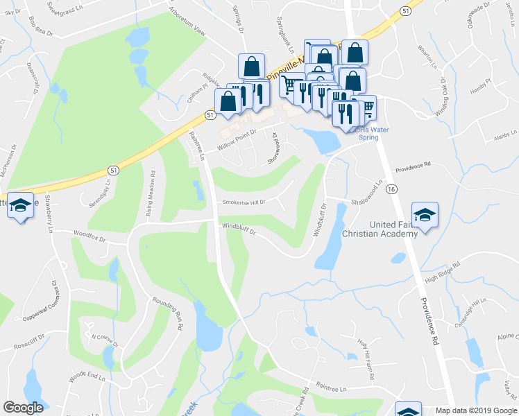map of restaurants, bars, coffee shops, grocery stores, and more near 3720 Windbluff Drive in Charlotte