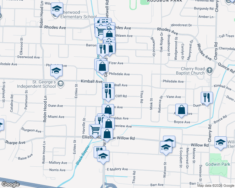 map of restaurants, bars, coffee shops, grocery stores, and more near 3993 Oak Cliff Road in Memphis