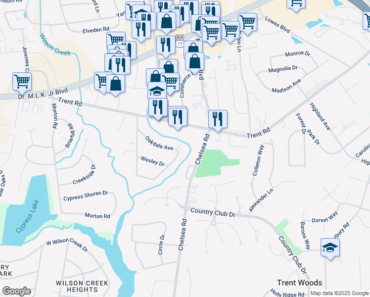 map of restaurants, bars, coffee shops, grocery stores, and more near 720 Oakdale Avenue in New Bern